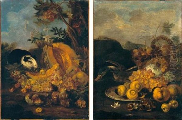 Nature Morte Con Frutta, Fiori Ed Animali In Un Paesaggio (pair) by Giovanni Paolo Castelli (lo Spadino)