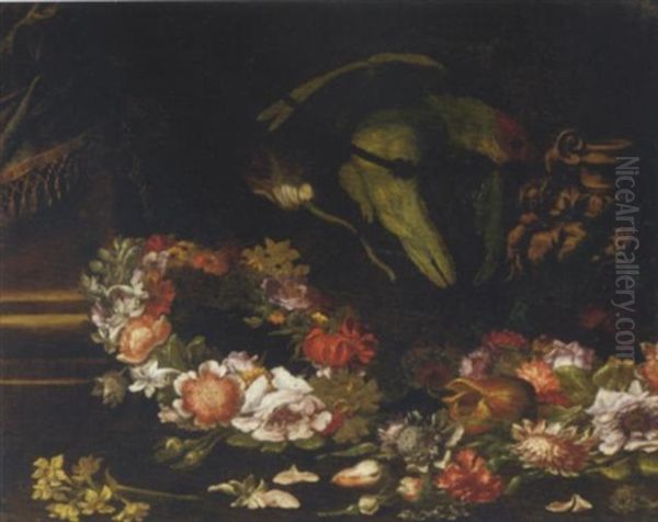 Narcissi, Peonies And Roses In A Wreath With Other Flowers Strewn On The Floor And A Parrot On A Rope Oil Painting by Giovanni Paolo Castelli (lo Spadino)