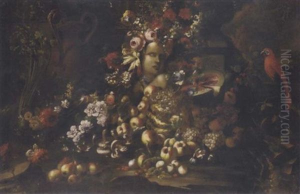 A Marble Bust Surrounded By Roses, Carnations, Morning Glory And Other Flowers, A Sliced Watermelon, Mushrooms, Grapes And Other Fruit With Urns And A Parrot Oil Painting by Giovanni Paolo Castelli (lo Spadino)