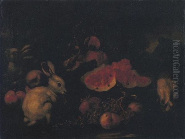 Pesche, Uva, Melograni, Anguria, Fichi, Tre Conigli En Plein Air Oil Painting by Giovanni Paolo Castelli (lo Spadino)