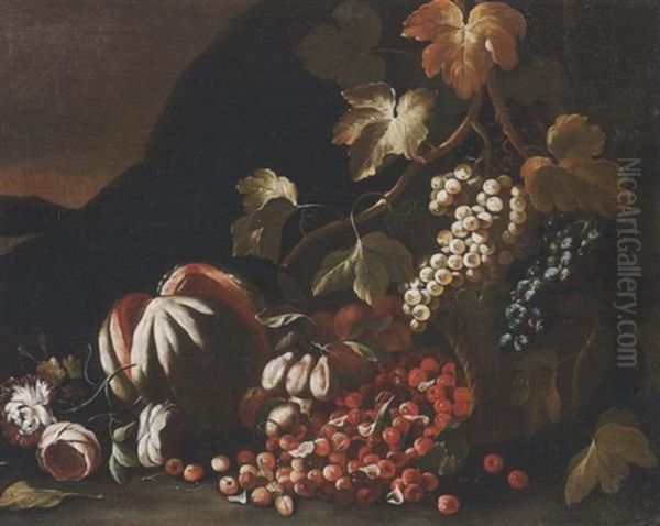 Natura Morta Di Meloni, Ciliegie, Uva E Fiori Su Paesaggio Oil Painting by Giovanni Paolo Castelli (lo Spadino)