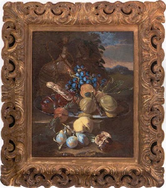 Figs, Grapes, Peaches, And Pears On A Pewter Plate, With A Glass Of Wine And A Biscuit, A Bottle Of Wine Behind Oil Painting by Giovanni Paolo Castelli (lo Spadino)