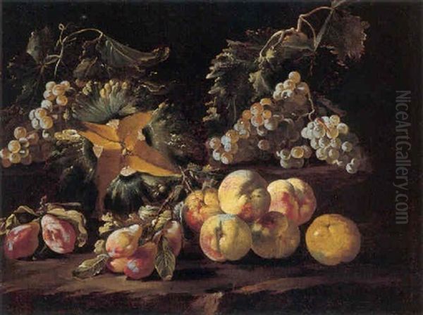 A Still Life Of Peaches, Grapes, Plums, And A Melon In A Landscape Oil Painting by Giovanni Paolo Castelli (lo Spadino)