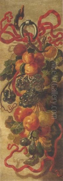 Still Life Of A Garland Of Fruit Suspended By A Red Ribbon Oil Painting by Giovanni Paolo Castelli (lo Spadino)