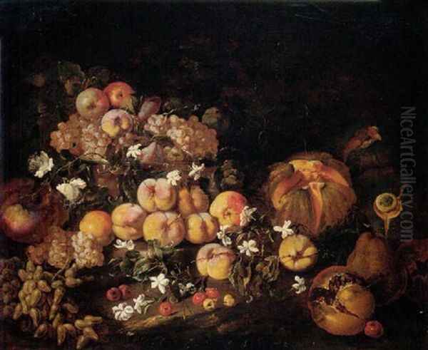 Still Life Of Grapes, Apples And Plums In A Glass Bowl, Together With Melons, Pomegranates And Cherries In A Landscape Oil Painting by Giovanni Paolo Castelli (lo Spadino)