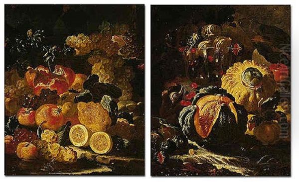 A Still Life Of Melons, Cherries And Figs In A Glass Bowl, Together With A Snail By A Stream Oil Painting by Giovanni Paolo Castelli (lo Spadino)