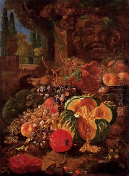 Frutta In Un Giardino Con Una Fontana Oil Painting by Giovanni Paolo Castelli (lo Spadino)