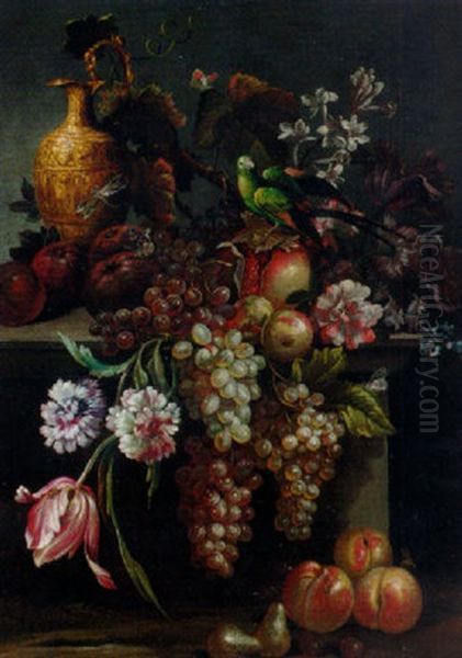 Still Life Of A Pomegranate, Grapes And A Ewer On A Ledge With A Parakeet And Butterflies Oil Painting by Giovanni Paolo Castelli (lo Spadino)