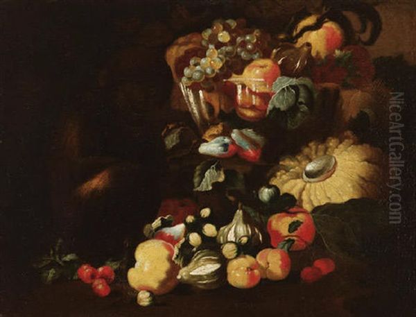 Obststilleben Mit Einem Hockenden Affchen Oil Painting by Giovanni Paolo Castelli (lo Spadino)