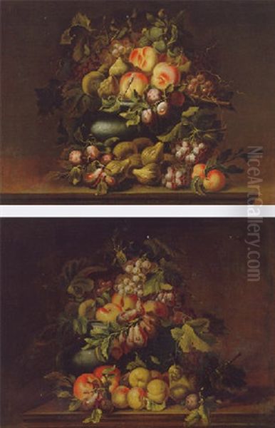 Peaches, Plums, Grapes, Pears And Limes In An Urn With Other Fruit On A Ledge Oil Painting by Giovanni Paolo Castelli (lo Spadino)