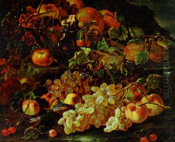 Grapes, Apples And Pomegranates In A Glass Bowl With Other Fruit On A Rocky Bank Oil Painting by Giovanni Paolo Castelli (lo Spadino)