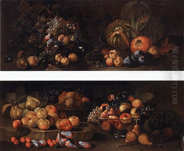 Figs, Grapes, And Apples In Glass Bowls, With Pears, Melons, Quinces, Plums And Other Fruit In A Forest Landscape Oil Painting by Giovanni Paolo Castelli (lo Spadino)