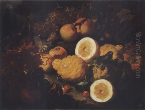 Still Life With Lemons, Grapes, Cherries And Other Fruit In A Landscape Oil Painting by Giovanni Paolo Castelli (lo Spadino)