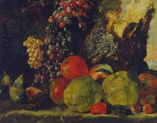 Figs, Apples, Grapes And Other Fruit By A Tree Stump Oil Painting by Giovanni Paolo Castelli (lo Spadino)