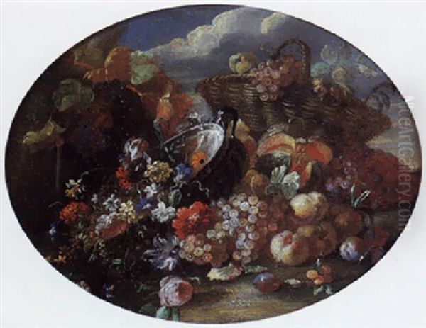 Nature Morte De Fleurs Et Fruits Sur Fond De Paysage Oil Painting by Giovanni Paolo Castelli (lo Spadino)