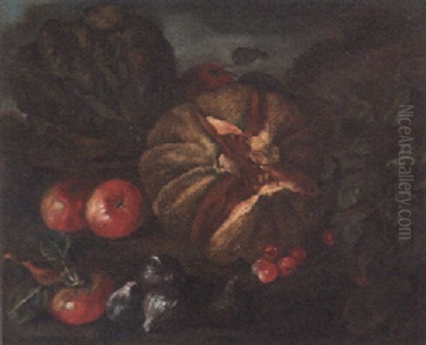 A Melon, Apples, Onions, Cherries And A Cabbage On A Grassy Bank Oil Painting by Giovanni Paolo Castelli (lo Spadino)