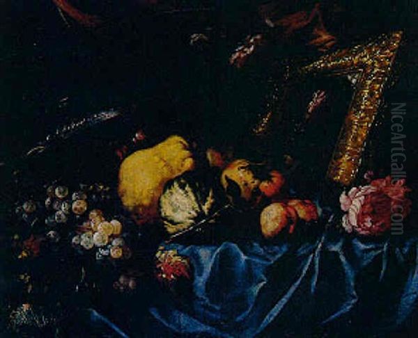 Nature Morte Aux Pommes, Coings, Raisins Et Miroir Oil Painting by Giovanni Paolo Castelli (lo Spadino)