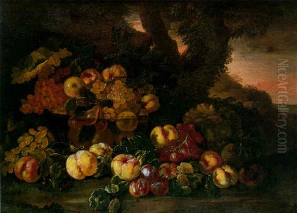 Nature Morte A La Coupe De Raisins, Peches Et Melon Sur Fond De Paysage Oil Painting by Giovanni Paolo Castelli (lo Spadino)