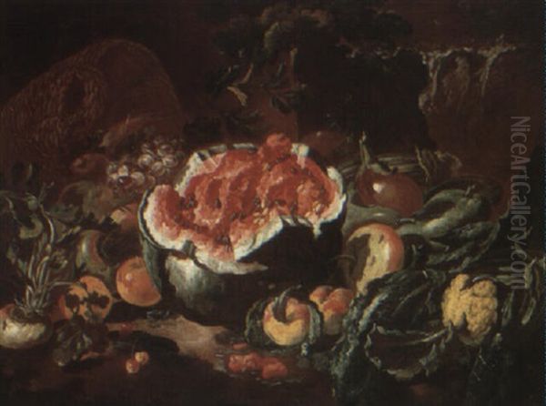 Still Life Of A Watermelon And Other Fruit And Vegetables In A Landscape Oil Painting by Giovanni Paolo Castelli (lo Spadino)