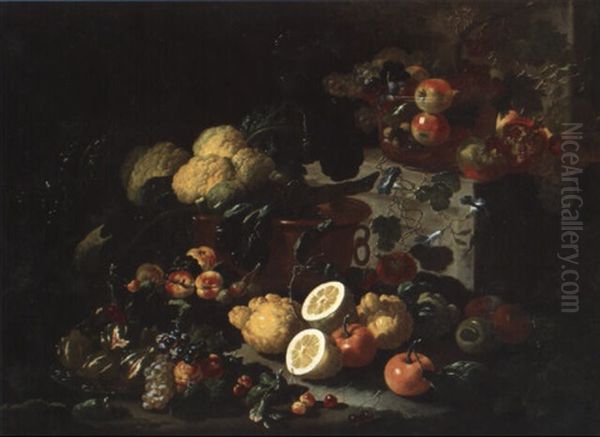 Nature Morte Aux Choux-fleurs Et Fruits Dans Une Coupe En Cristal Oil Painting by Giovanni Paolo Castelli (lo Spadino)