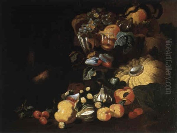 Frutta E Uno Scimmiotto Oil Painting by Giovanni Paolo Castelli (lo Spadino)