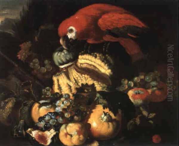 Frutta In Un Giardino E Un Pappagallo Oil Painting by Giovanni Paolo Castelli (lo Spadino)