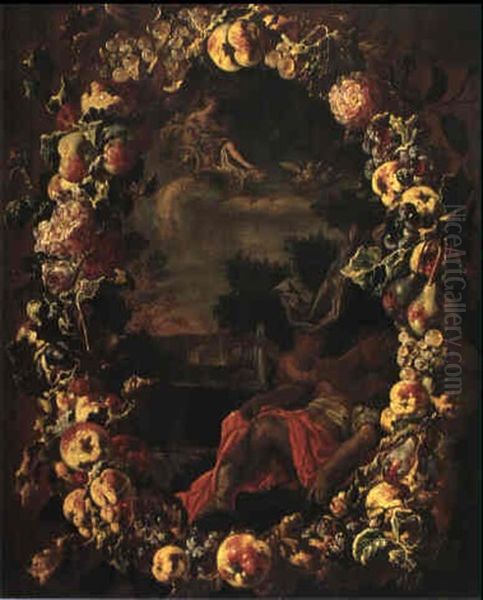 Vilande Och Triumferande Venus I Fruktkrans Oil Painting by Giovanni Paolo Castelli (lo Spadino)