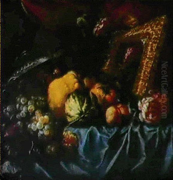 Nature Morte Aux Pommes, Coings, Peches, Raisins Et Prunes: Allegorie De L'odorat Oil Painting by Giovanni Paolo Castelli (lo Spadino)