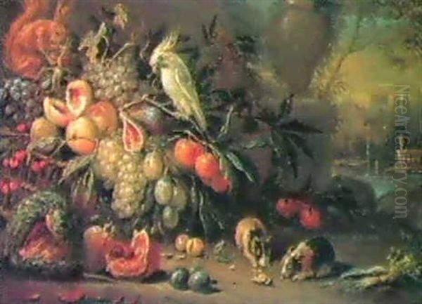 Natura Morte Di Frutta Con Scoiattolo, Pappagallo E Due     Porcellini D'india Oil Painting by Giovanni Paolo Castelli (lo Spadino)