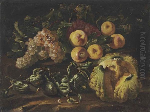 Grapes, Apples, A Melon And Other Fruit On A Stone Ledge Oil Painting by Bartolomeo Castelli the Elder