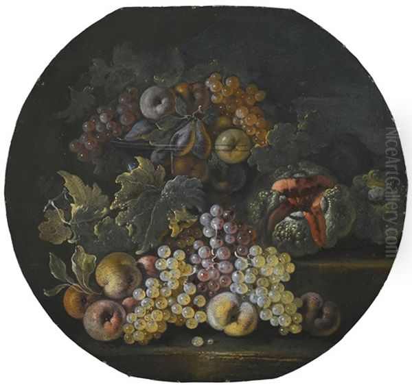 Still Life Of Grapes, Apples, Pears, A Watermelon And Peaches, In A Glass Bowl And Strewn Over Stone Steps Oil Painting by Bartolomeo Castelli the Younger