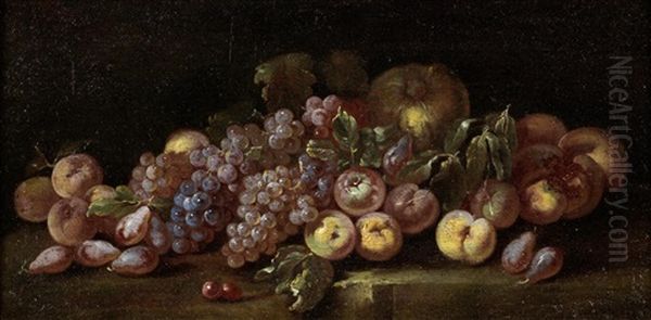 Grapes, Plums, Peaches And Other Fruit On A Stone Ledge Oil Painting by Bartolomeo Castelli the Younger