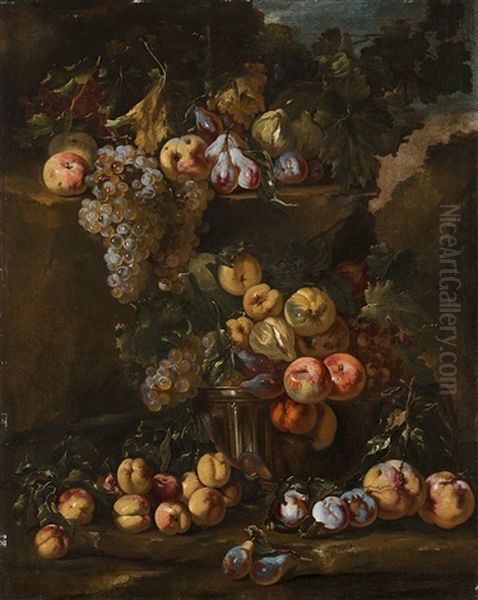 Frutta Varia All'aperto Su Balze Di Roccia E In Una Vasca Di Vetro Oil Painting by Bartolomeo Castelli the Younger