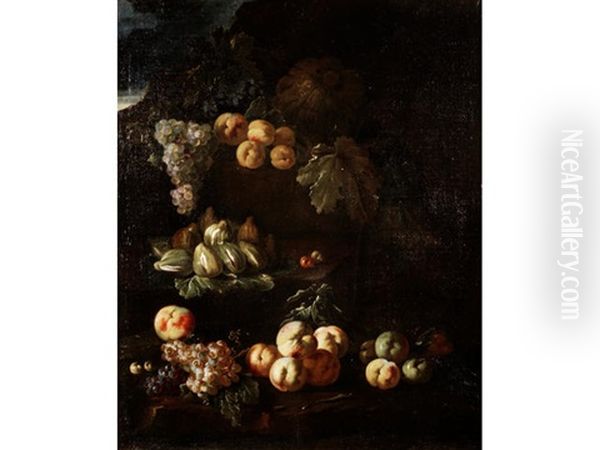 Figs, Peaches And Grapes Before A Rocky Landscape Oil Painting by Bartolomeo Castelli the Younger