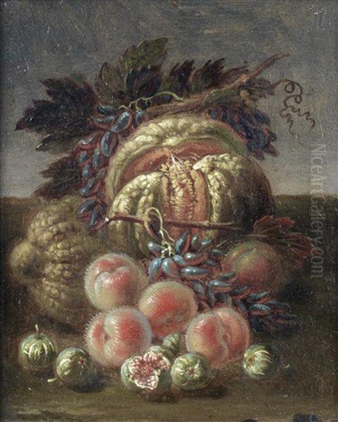 Apples, Grapes And Pears Before A Wicker Basket; Quinces, Pears And Grapes In A Landscape; Peaches, Figs, Grapes And Melons; And Cherries, Peaches, Grapes And Other Fruit In A Landscape (4 Works) Oil Painting by Bartolomeo Castelli the Younger