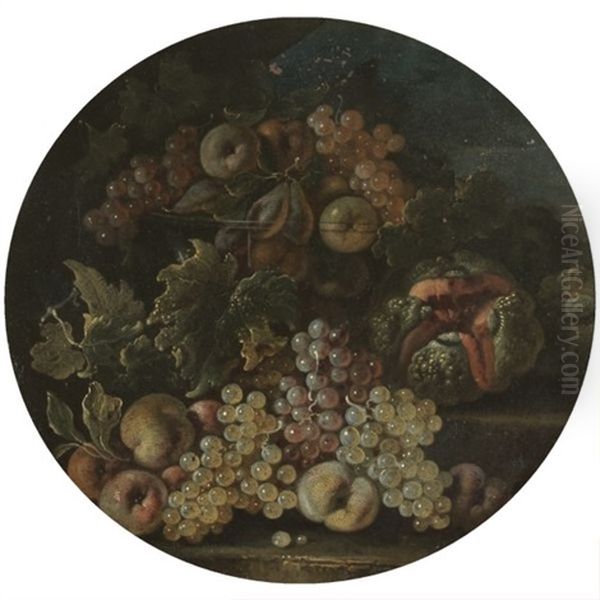 A Still Life With Pears, Apples And Grapes In A Glass Bowl On A Ledge, Beside A Melon And Apples Oil Painting by Bartolomeo Castelli the Younger