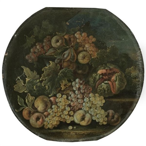 Still Life With Grapes, Apples, A Watermelon And Other Fruits Aranged Over Some Stone Steps Oil Painting by Bartolomeo Castelli the Younger