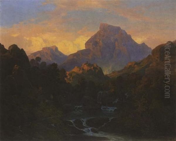 Gebirgslandschaft (in Der Sabiner Bergen?) Mit Burganlage Oil Painting by Alessandro Castelli