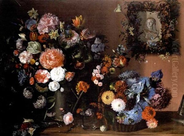 Chrysanthemums, Snowballs, Tulips, Narcissi, Ranuncula And Other Flowers In A Watering Can Beside A Basket Filled With Hydrangeas, Irises, Chrysanthemums And Other Flowers Oil Painting by Tommaso da Bescia Castellini