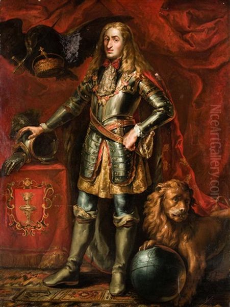 Retrato De Carlos Ii De Cuerpo Entero, Vistiendo Armadura; A Su Lado Un Aguila Con La Espada Y Corona Imperial Y A Sus Pies Un Leon Con El Globo... Oil Painting by Vicente Castello Y Amat