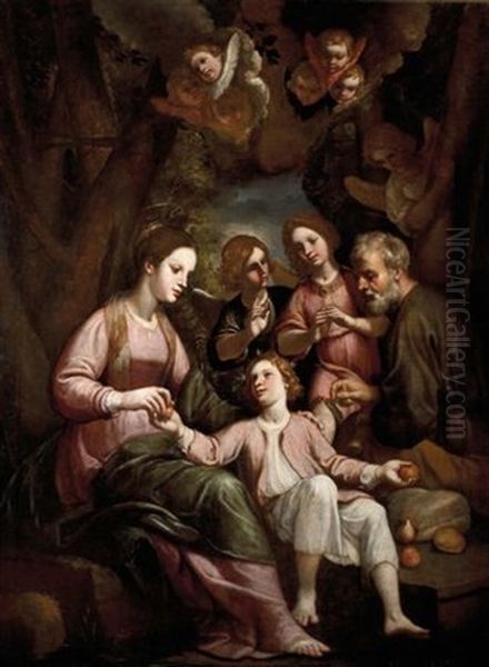 Sacra Famiglia Con Angeli Oil Painting by Bernardo Castello