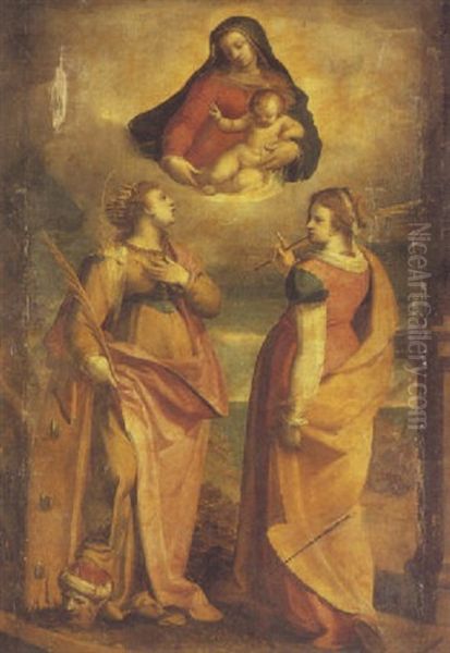 The Virgin And Child Appearing To Sts. Catherine And Apollonia Oil Painting by Giovanni Battista (il Bergamasco) Castello