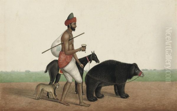 A Travelling Juggler With His Dancing Bear, Monkey And Goat Oil Painting by Shaikh Muhammad Amir Of Karraya