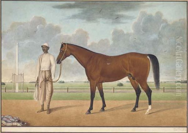 A Bay Horse Standing With A Groom Oil Painting by Shaikh Muhammad Amir Of Karraya