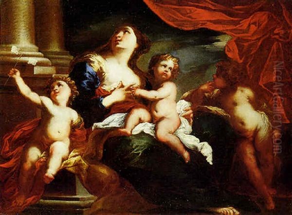 Giovane Donna Con Tre Bambini (allegoria Della Carita) Oil Painting by Valerio Castello