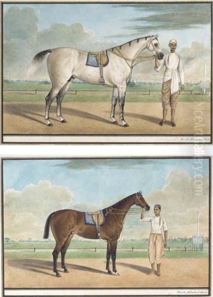 A White Stallion With A Groom; And A Bay Horse With Groom Oil Painting by Shaikh Muhammad Amir Of Karraya