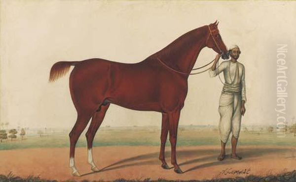 A Horse And Groom Oil Painting by Shaikh Muhammad Amir Of Karraya