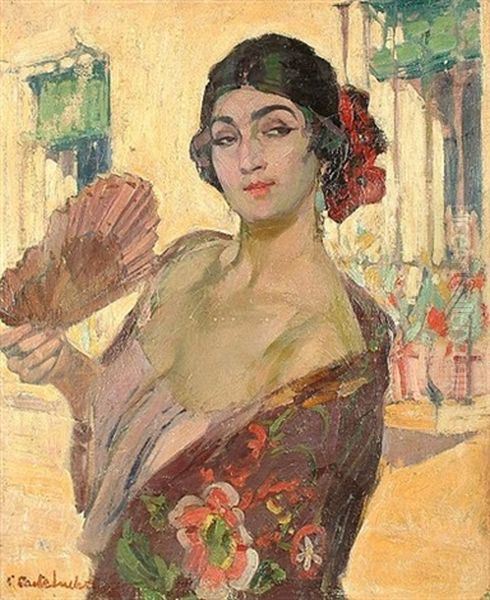 Flamenco Dancer With Fan (+ Harbour Scene, Verso) Oil Painting by Claudio Castelucho Diana