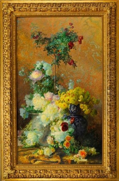 Nature Morte Aux Fleurs (roses, Pivoines...) Oil Painting by Adolphe Louis (Napolean) Castex-Degrange