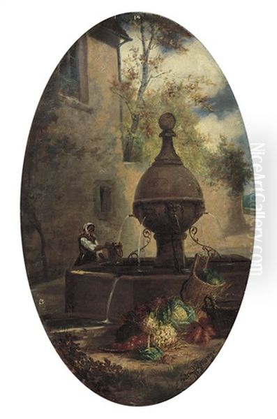 Figura Alla Fonte Con Natura Morta Oil Painting by Adolphe Louis (Napolean) Castex-Degrange